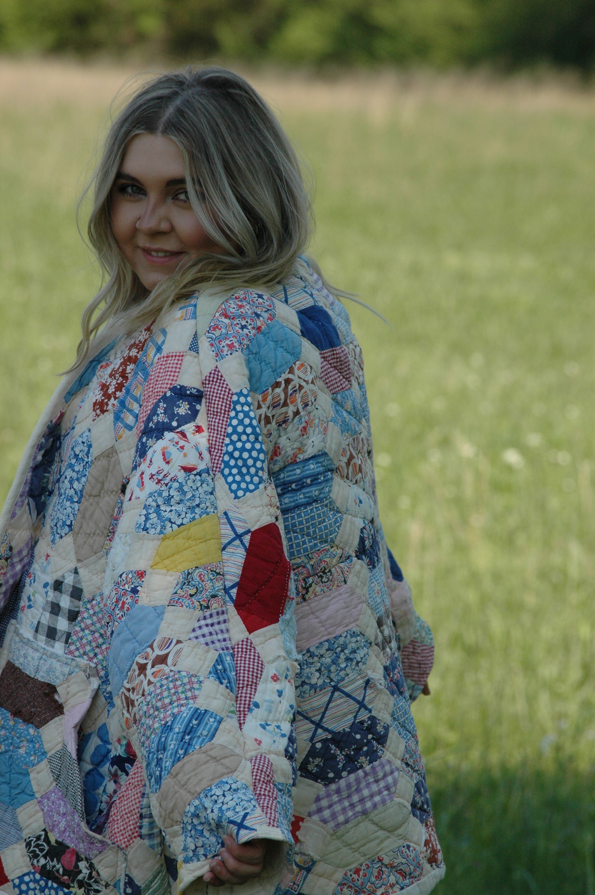 Vintage Patchwork Feed Sack Quilted Jacket with Pockets