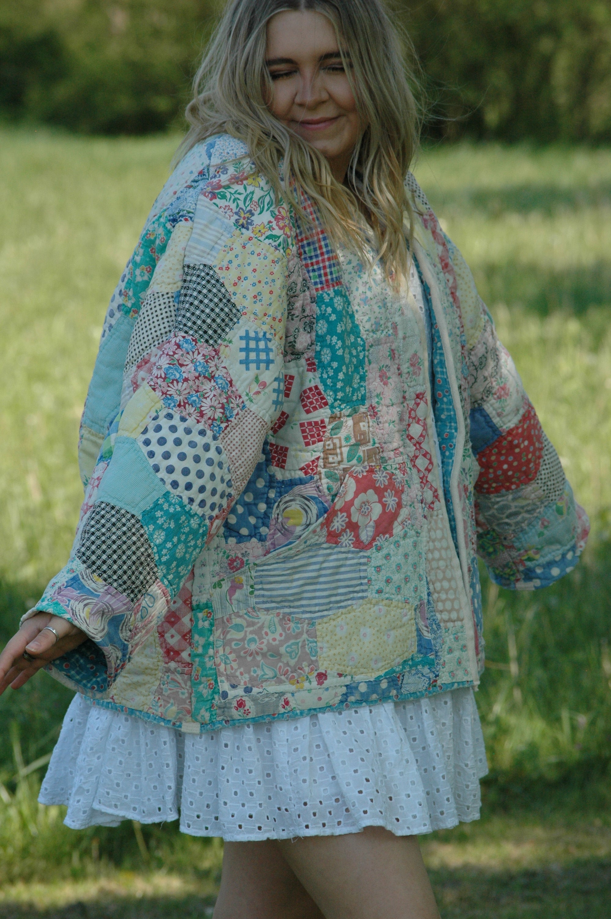 Vintage Feed Sack Multi Color Quilted Jacket with Pockets