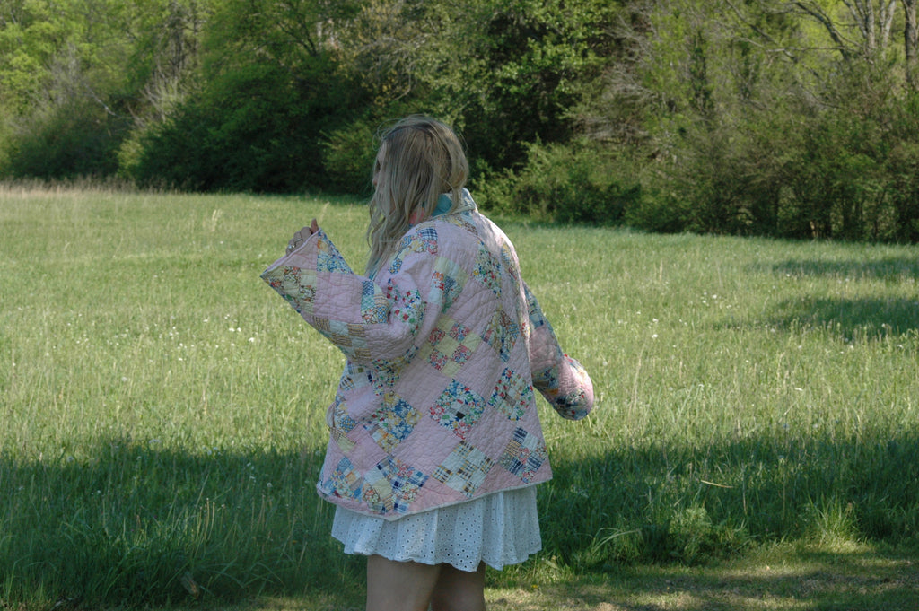 Vintage Pink Patchwork Quilted Jacket with Pockets & Collar