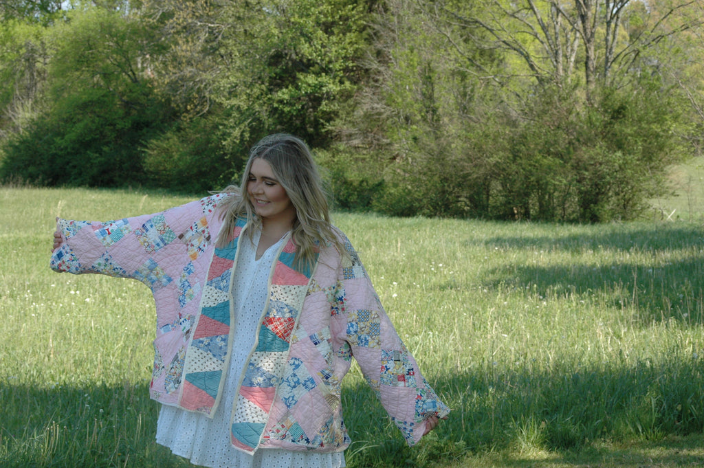 Vintage Pink Patchwork Quilted Jacket with Pockets & Collar