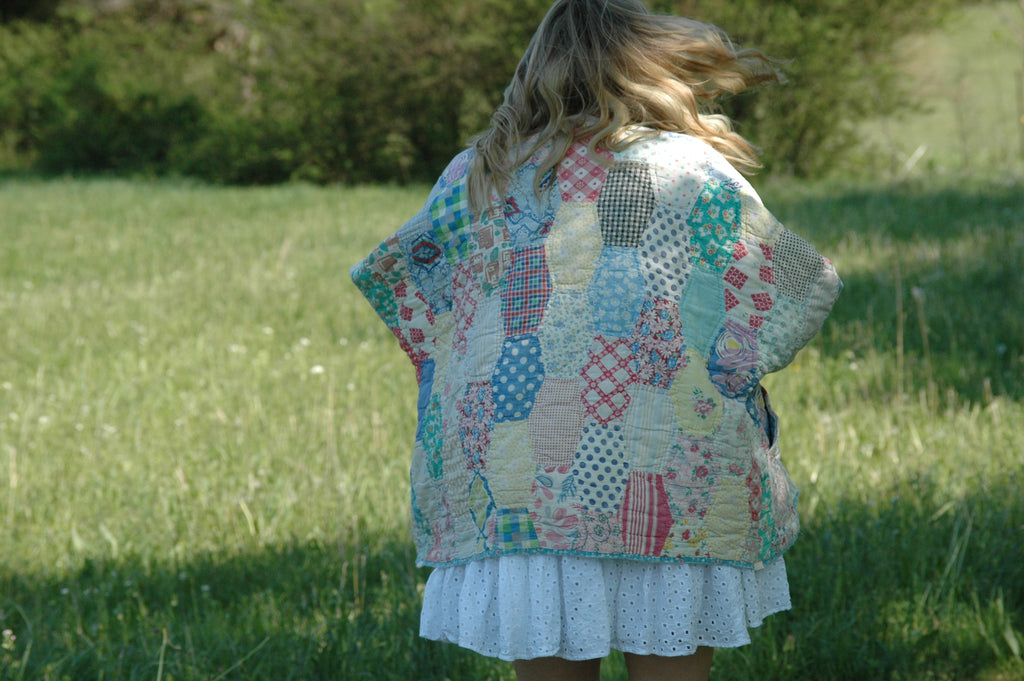 Vintage Feed Sack Multi Color Quilted Jacket with Pockets