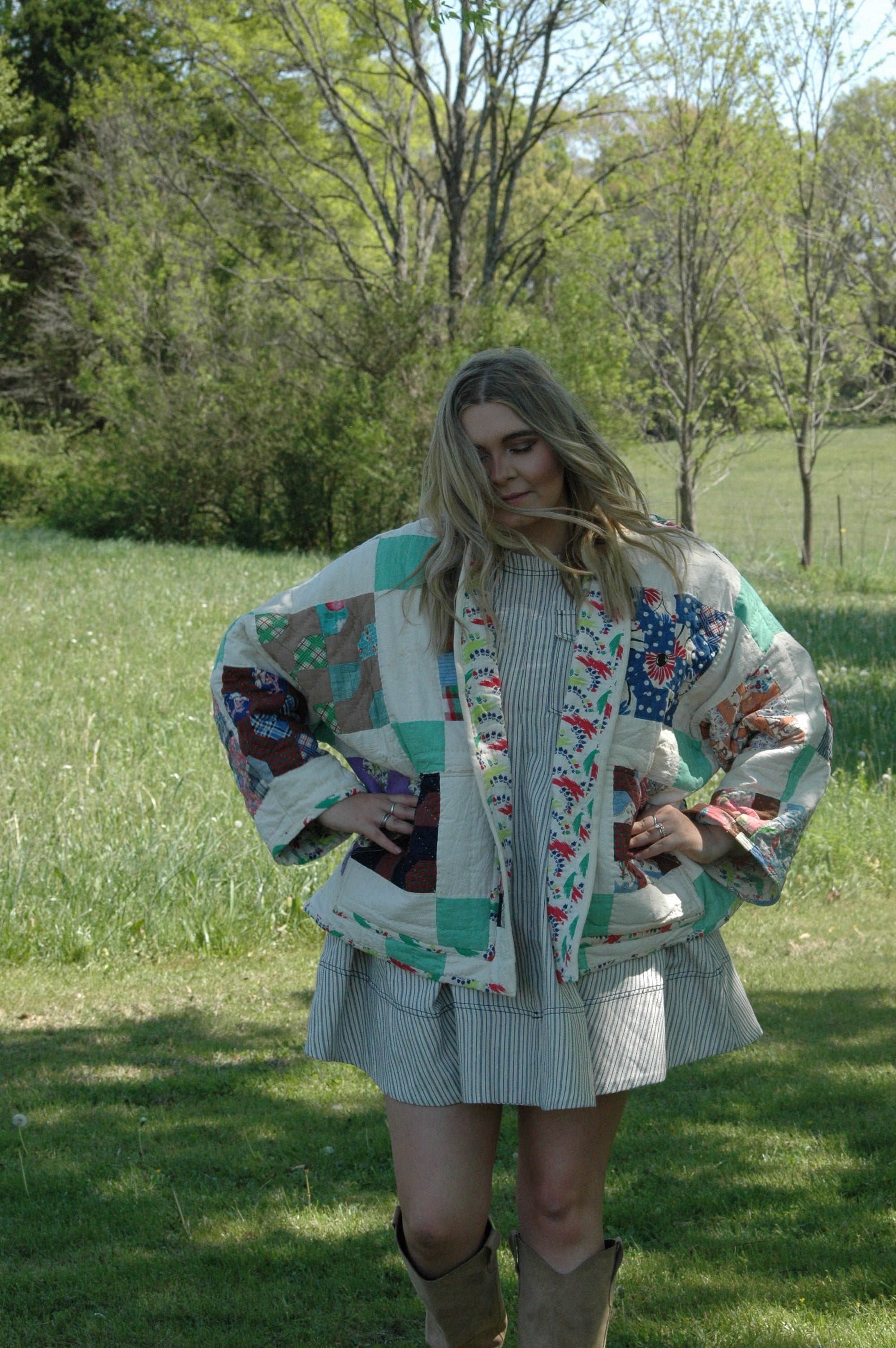 Vintage Block Bowtie Quilted Jacket with Pockets