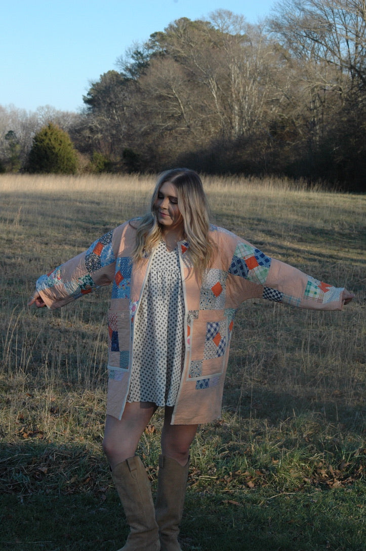 Vintage Peach Bowtie Patchwork Quilt Jacket