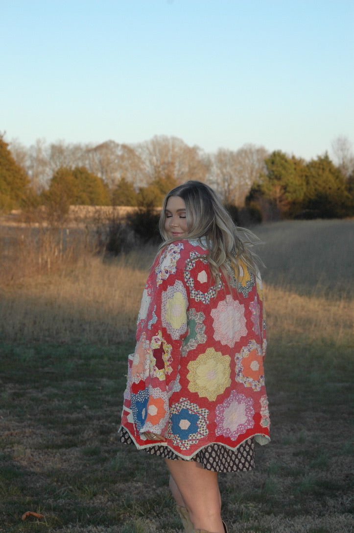 Vintage Red Grandmother's Flower Garden Quilt Jacket