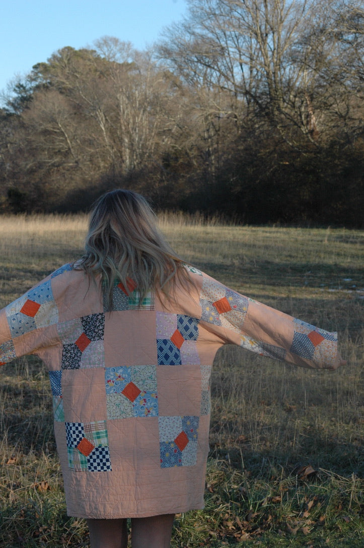Vintage Peach Bowtie Patchwork Quilt Jacket