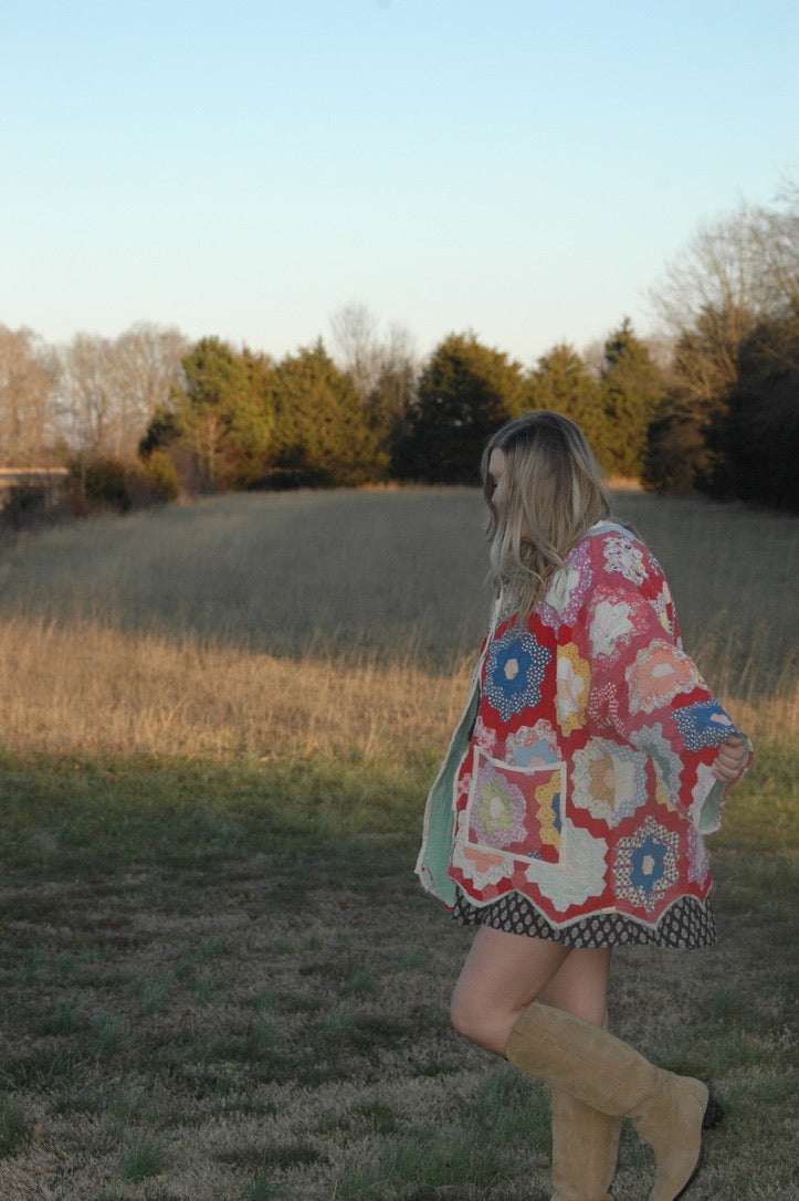 Vintage Red Grandmother's Flower Garden Quilt Jacket