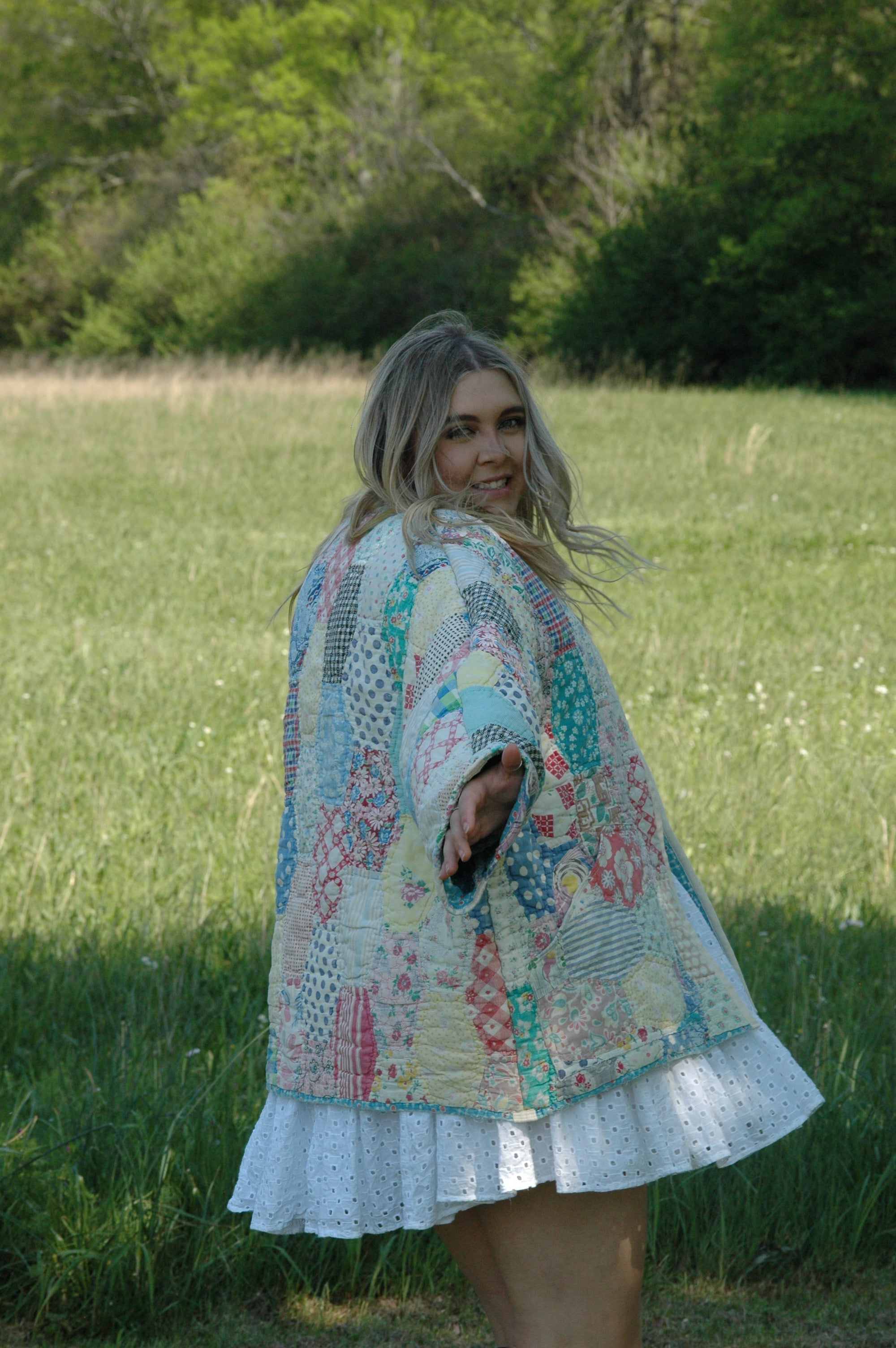 Vintage Feed Sack Multi Color Quilted Jacket with Pockets