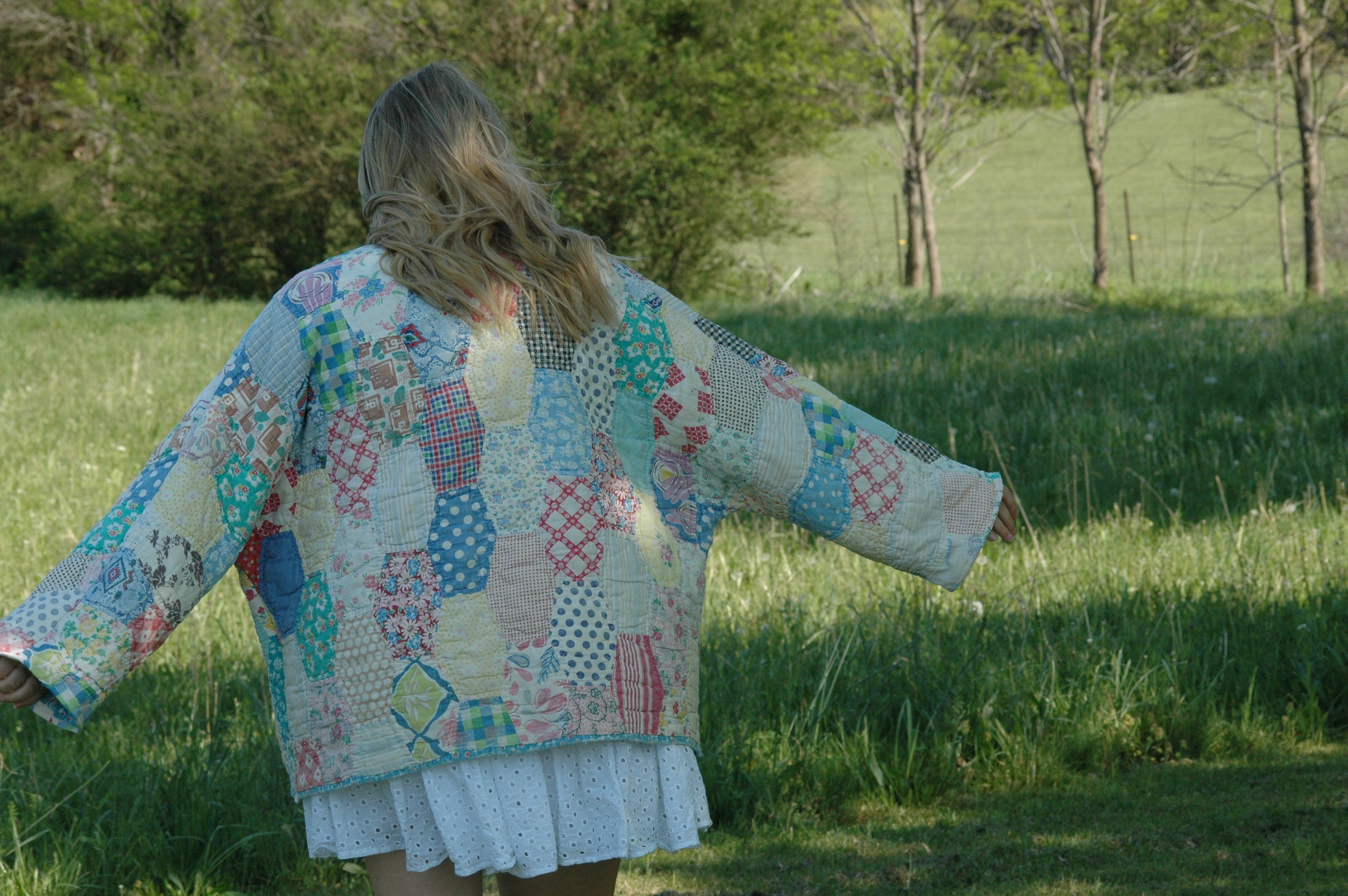 Vintage Feed Sack Multi Color Quilted Jacket with Pockets