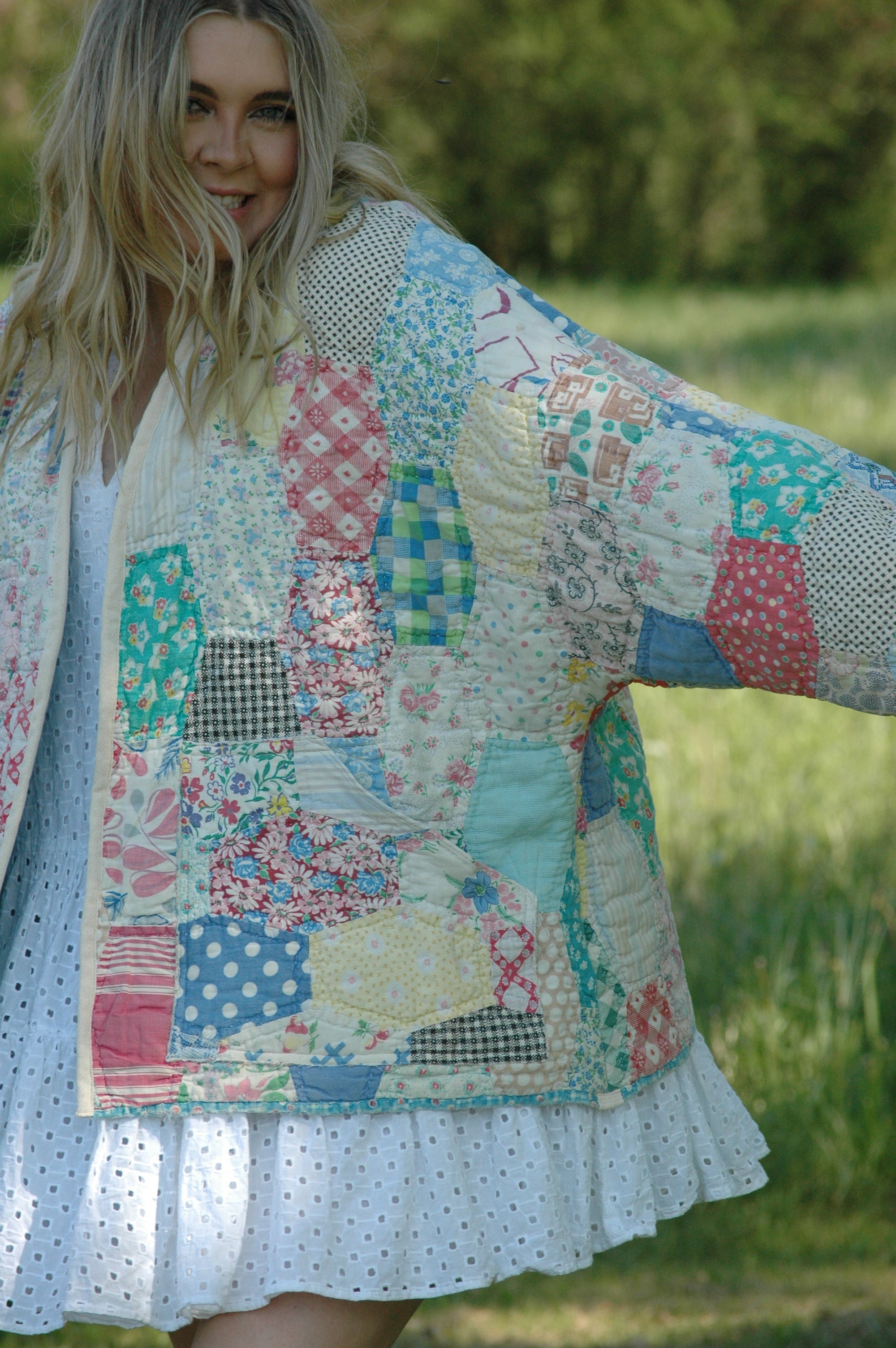 Vintage Feed Sack Multi Color Quilted Jacket with Pockets