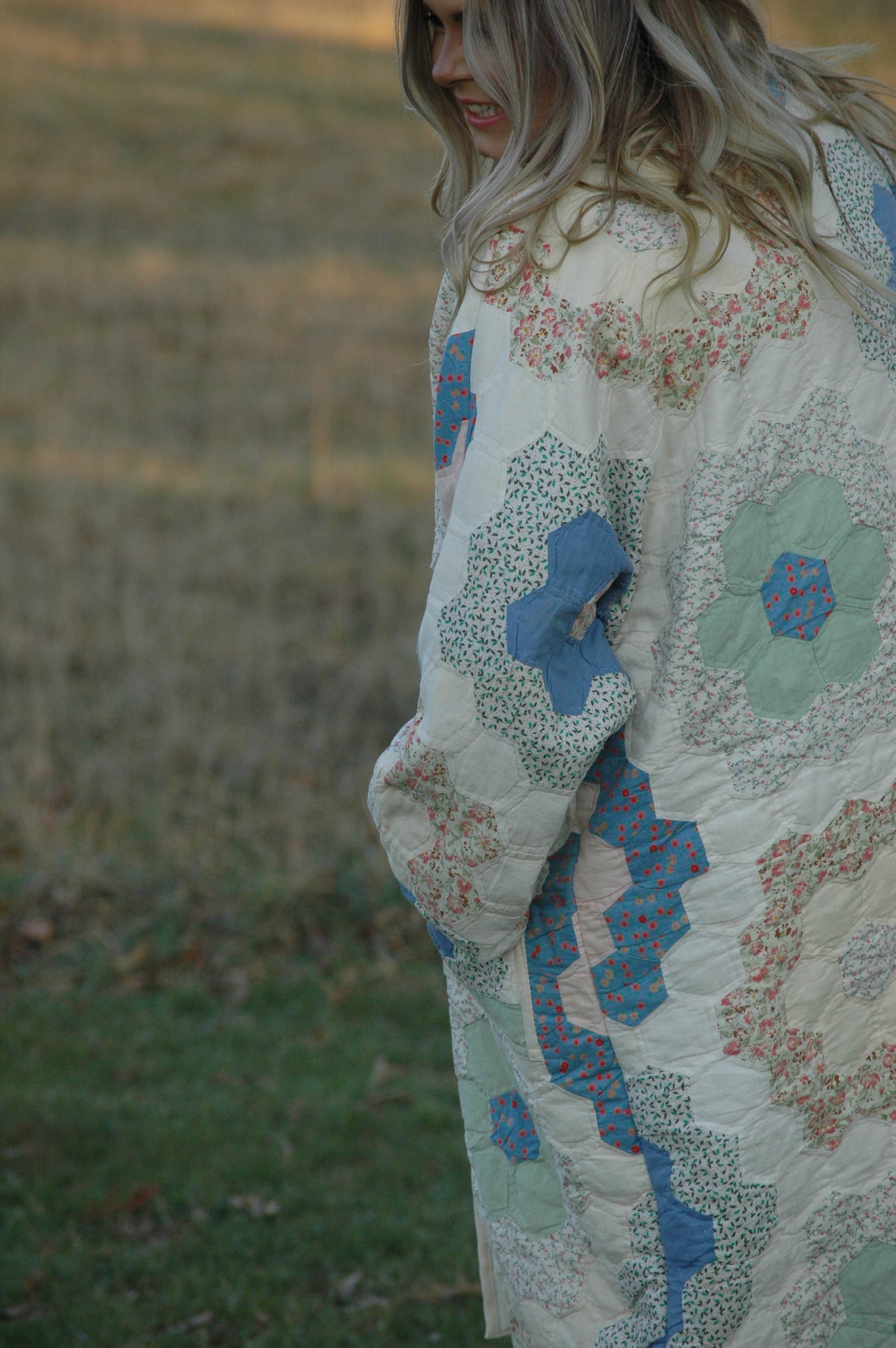 Vintage Pastel Grandmother's Flower Garden Quilt Jacket