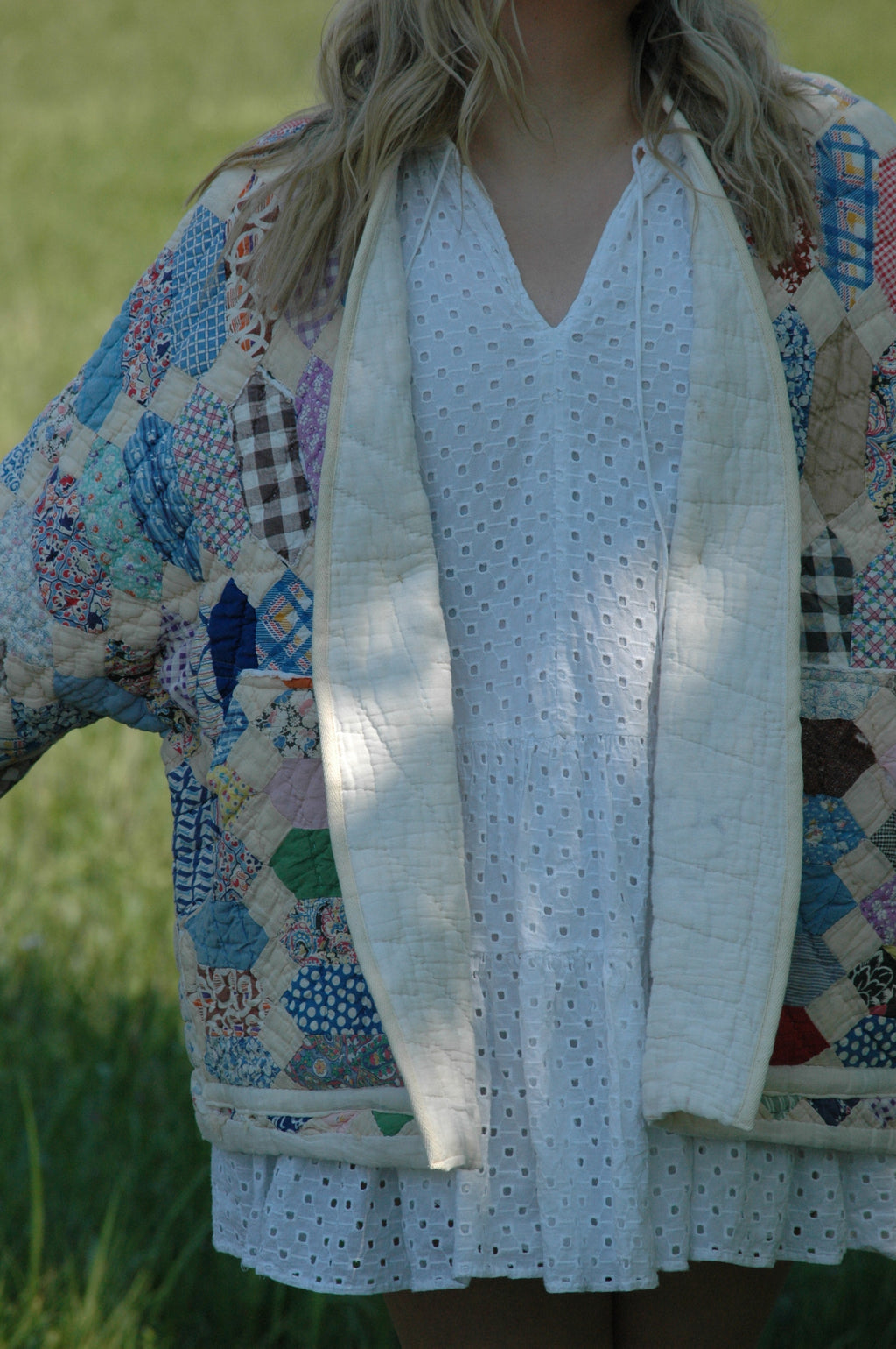 Vintage Patchwork Feed Sack Quilted Jacket with Pockets