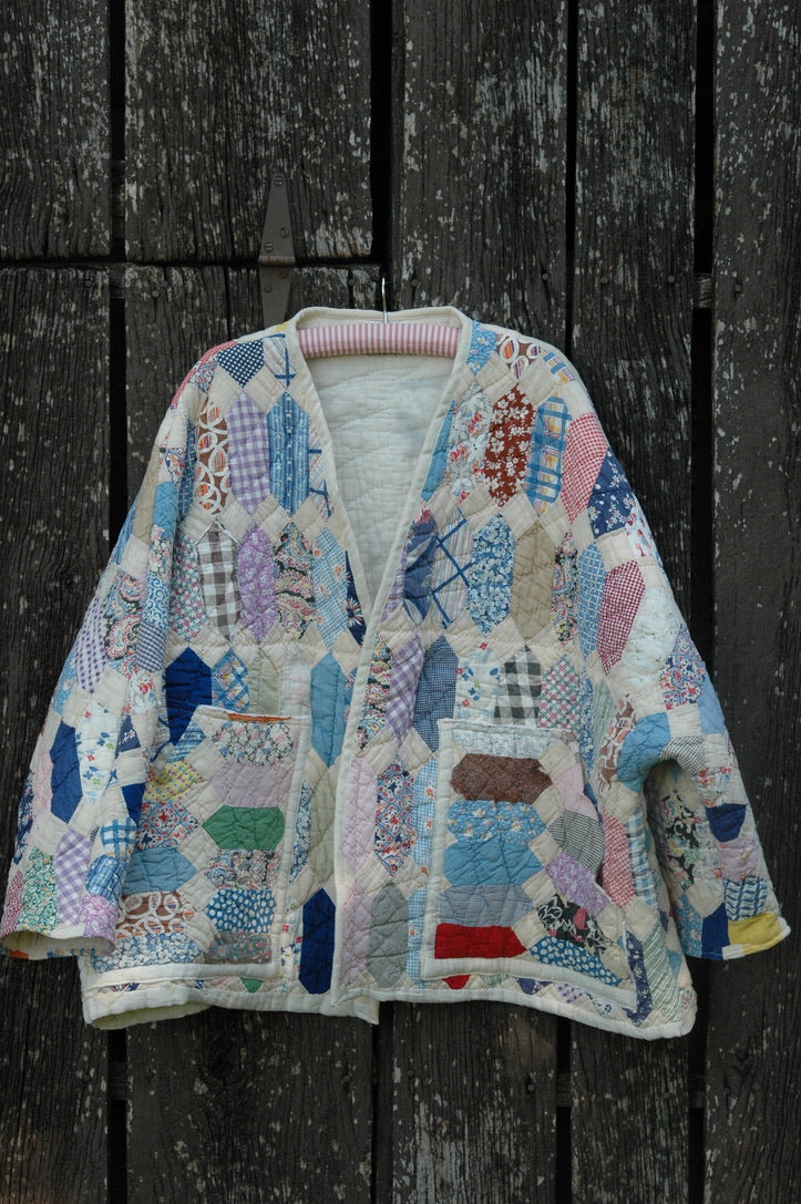 Vintage Patchwork Feed Sack Quilted Jacket with Pockets