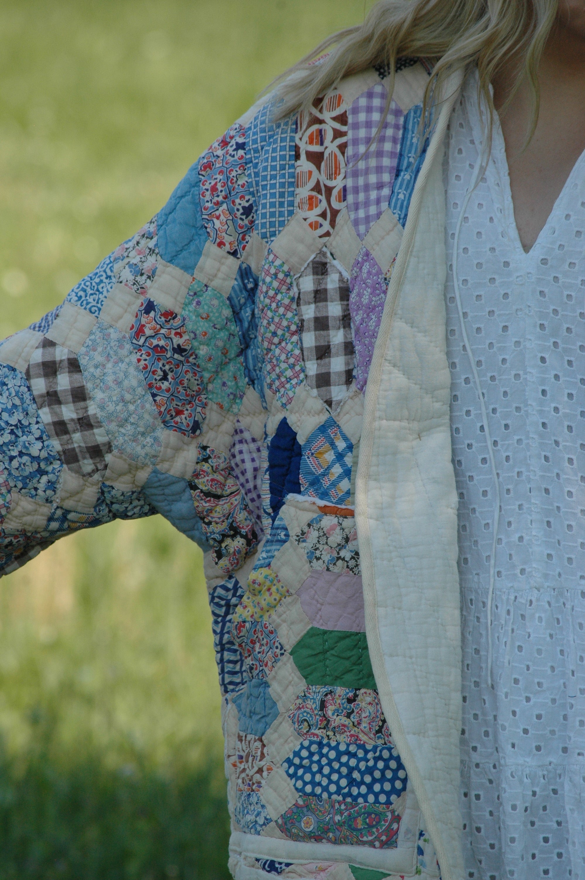 Vintage Patchwork Feed Sack Quilted Jacket with Pockets