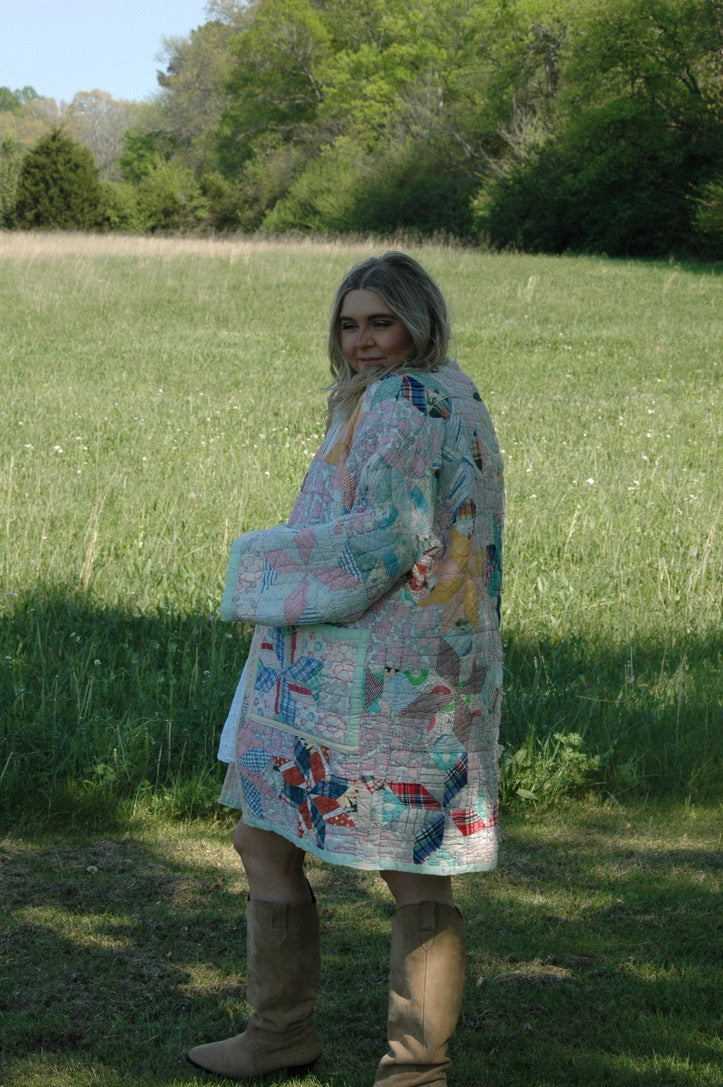 Vintage Patchwork Long Quilted Jacket with Pockets
