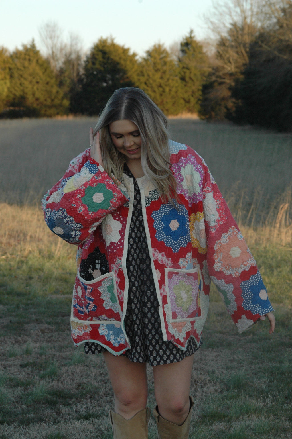 Vintage Red Grandmother's Flower Garden Quilt Jacket