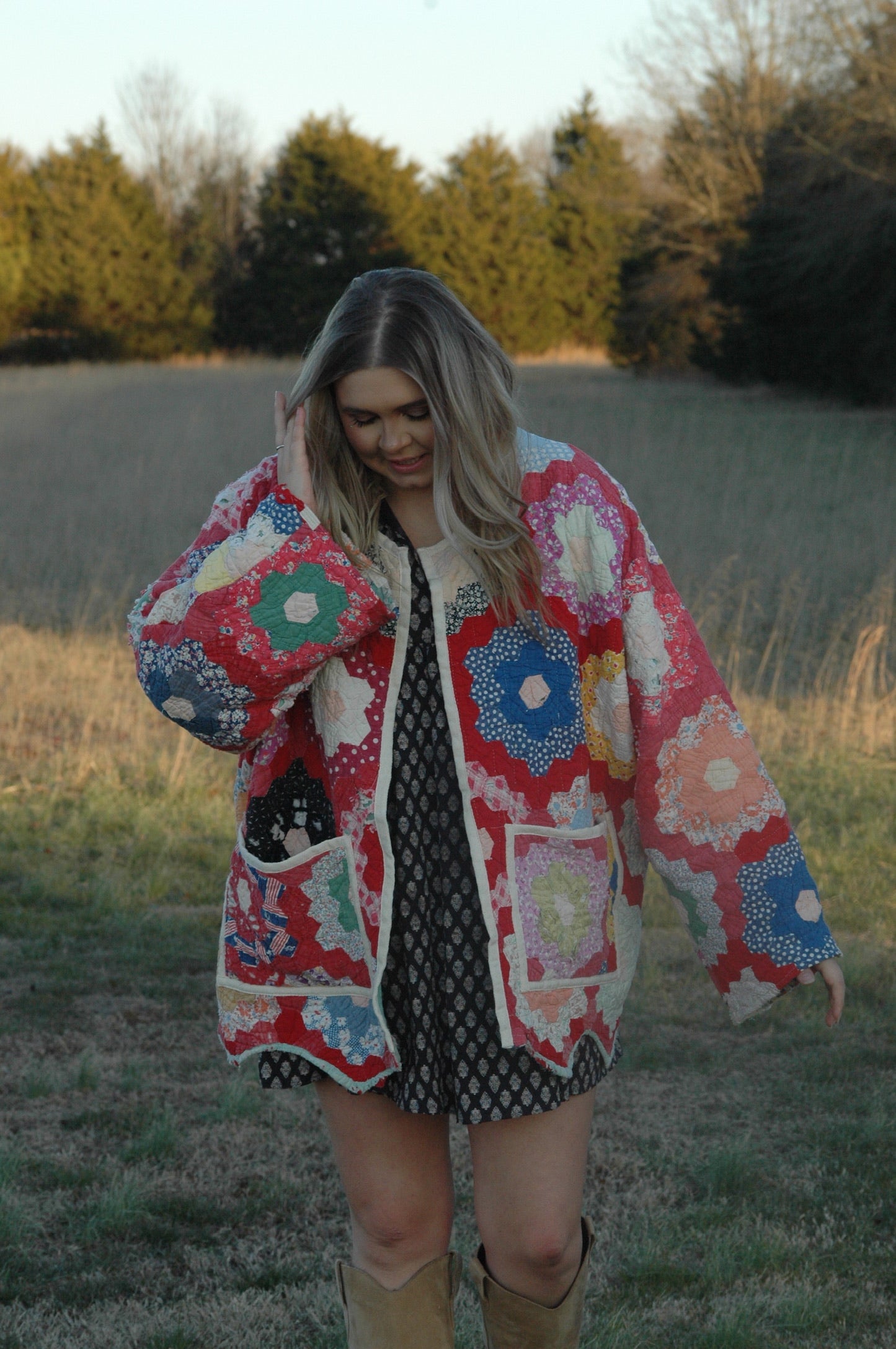 Vintage Red Grandmother's Flower Garden Quilt Jacket