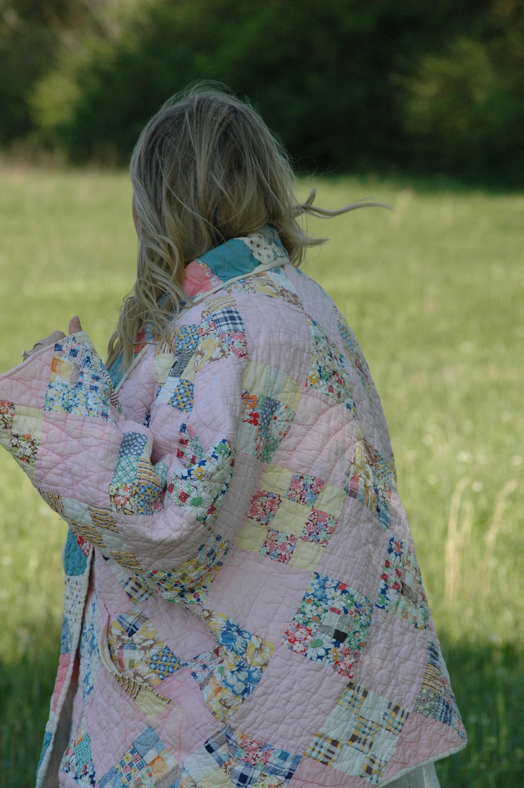 Vintage Pink Patchwork Quilted Jacket with Pockets & Collar