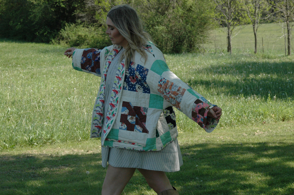 Vintage Block Bowtie Quilted Jacket with Pockets