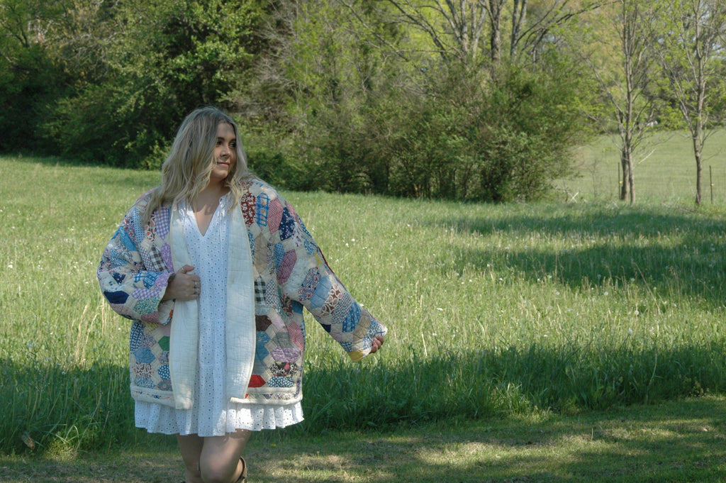 Vintage Patchwork Feed Sack Quilted Jacket with Pockets