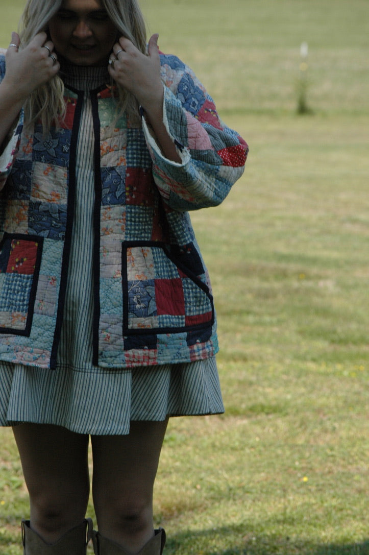 Vintage 1930s Feed Sack Quilted Jacket with Pockets