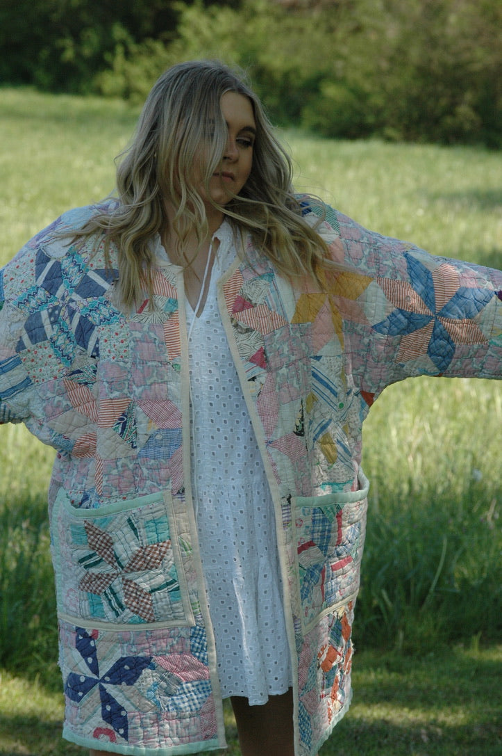 Vintage Patchwork Long Quilted Jacket with Pockets