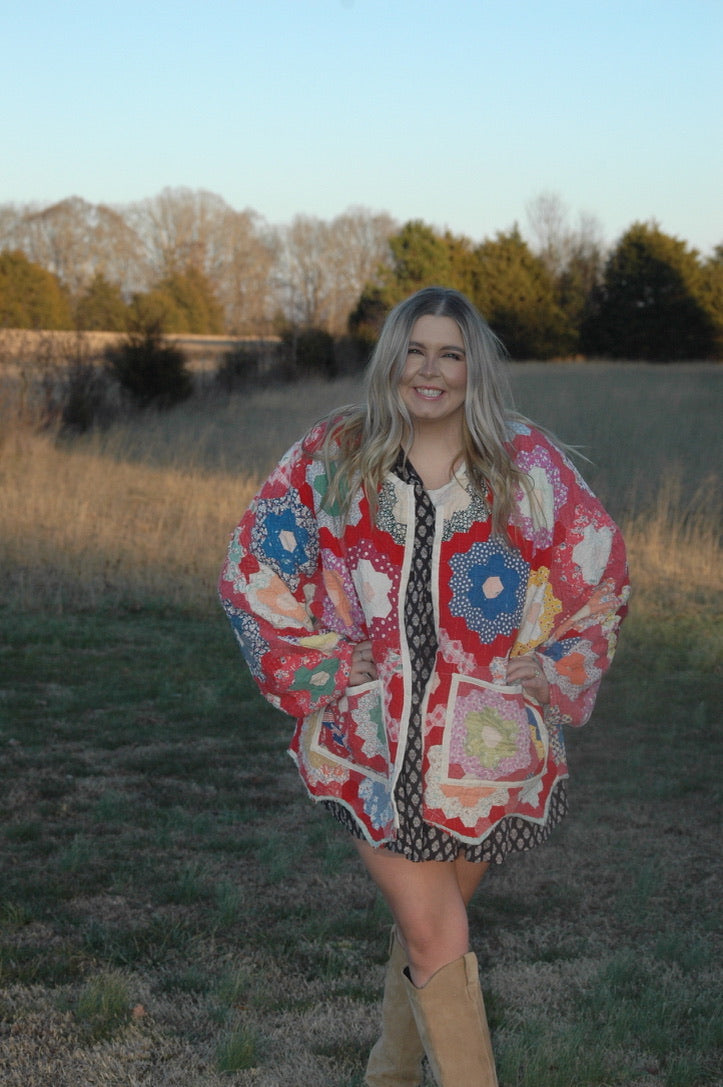 Vintage Red Grandmother's Flower Garden Quilt Jacket