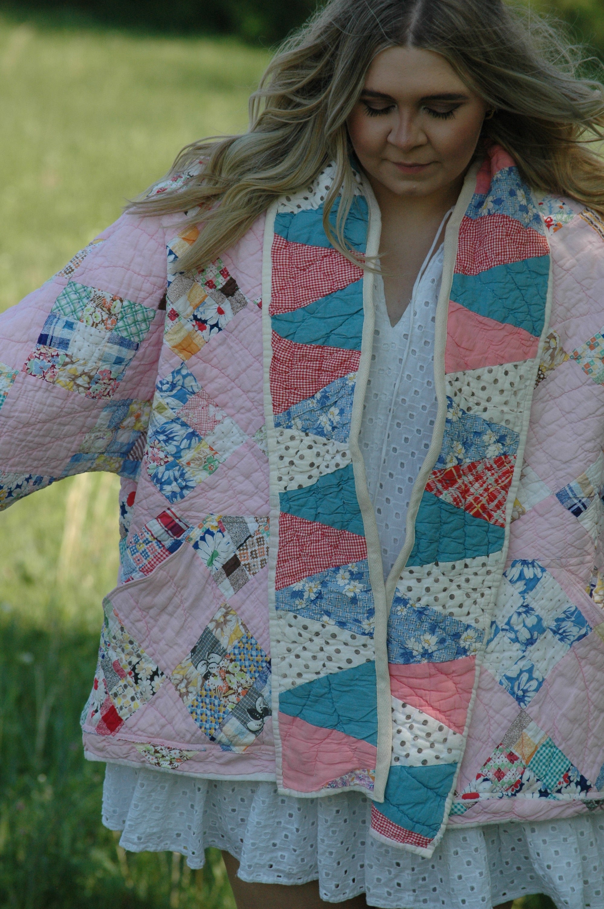 Vintage Pink Patchwork Quilted Jacket with Pockets & Collar