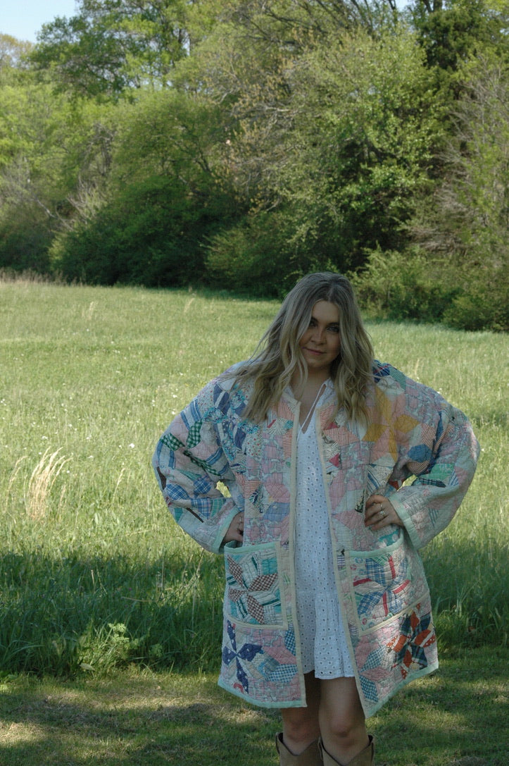 Vintage Patchwork Long Quilted Jacket with Pockets