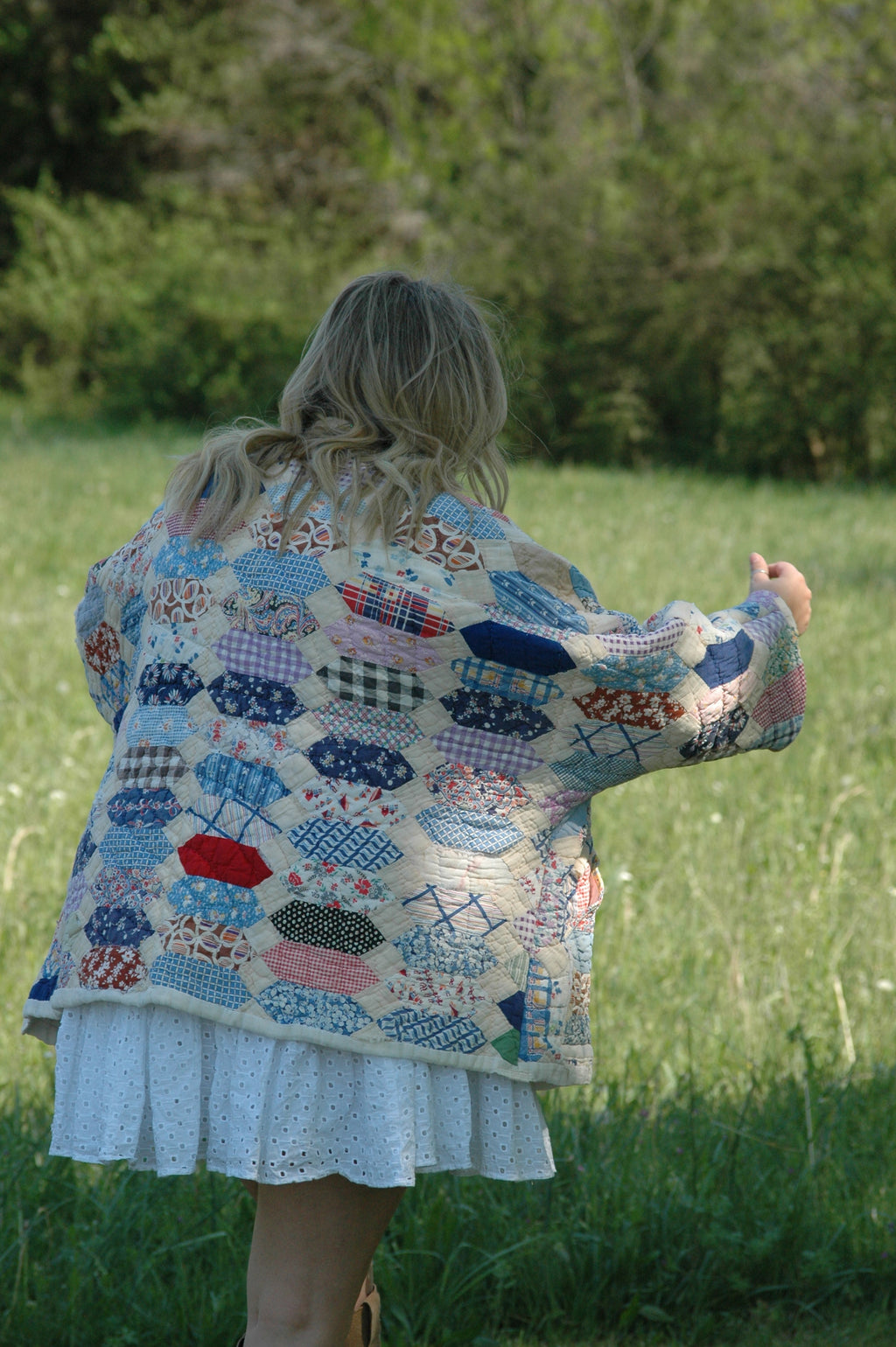 Vintage Patchwork Feed Sack Quilted Jacket with Pockets