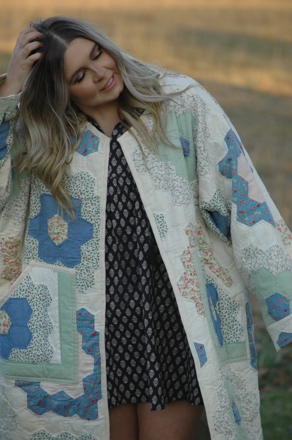 Vintage Pastel Grandmother's Flower Garden Quilt Jacket