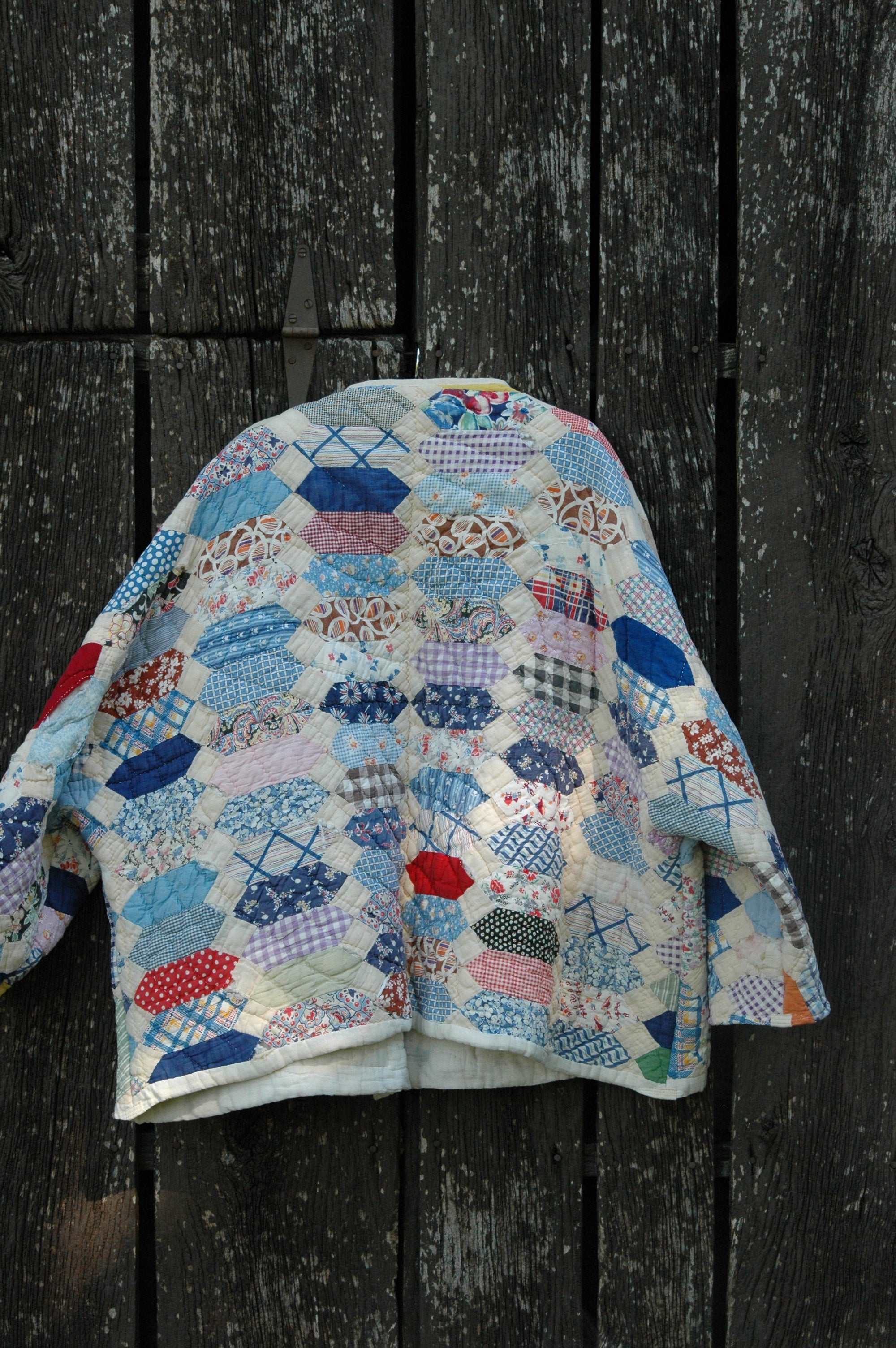 Vintage Patchwork Feed Sack Quilted Jacket with Pockets