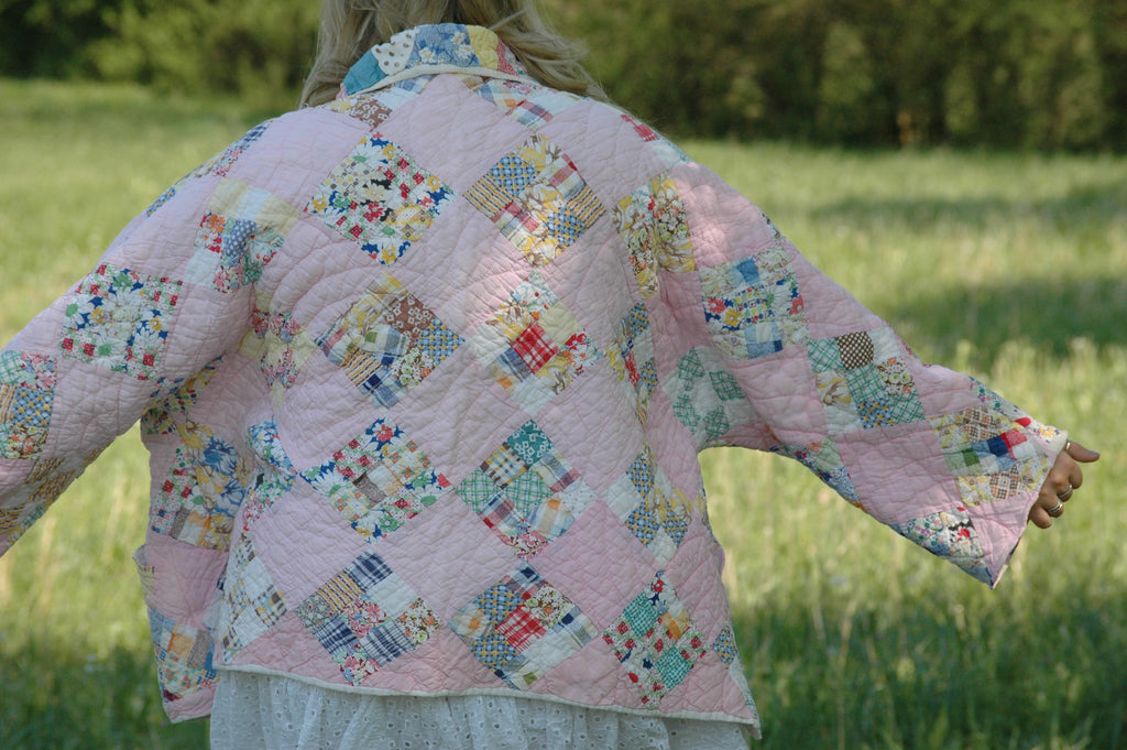 Vintage Pink Patchwork Quilted Jacket with Pockets & Collar
