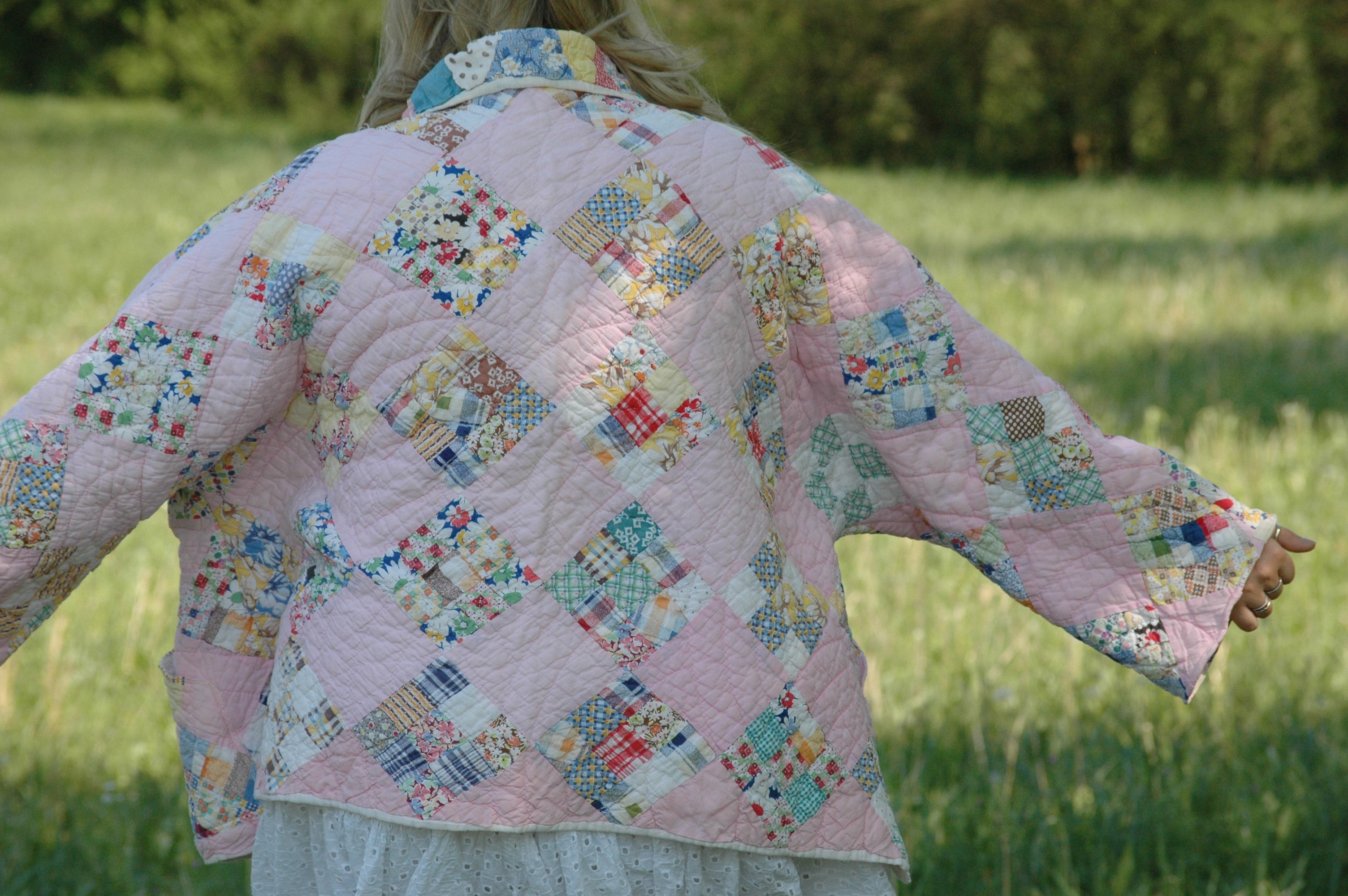 Vintage Pink Patchwork Quilted Jacket with Pockets & Collar