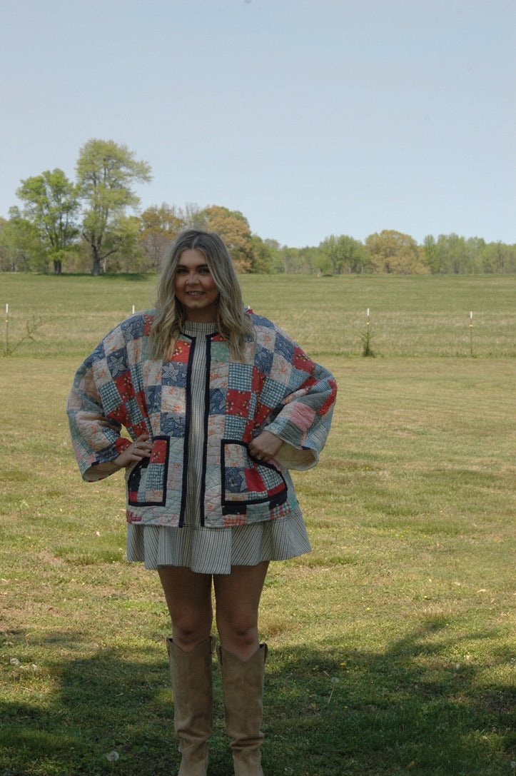 Vintage 1930s Feed Sack Quilted Jacket with Pockets