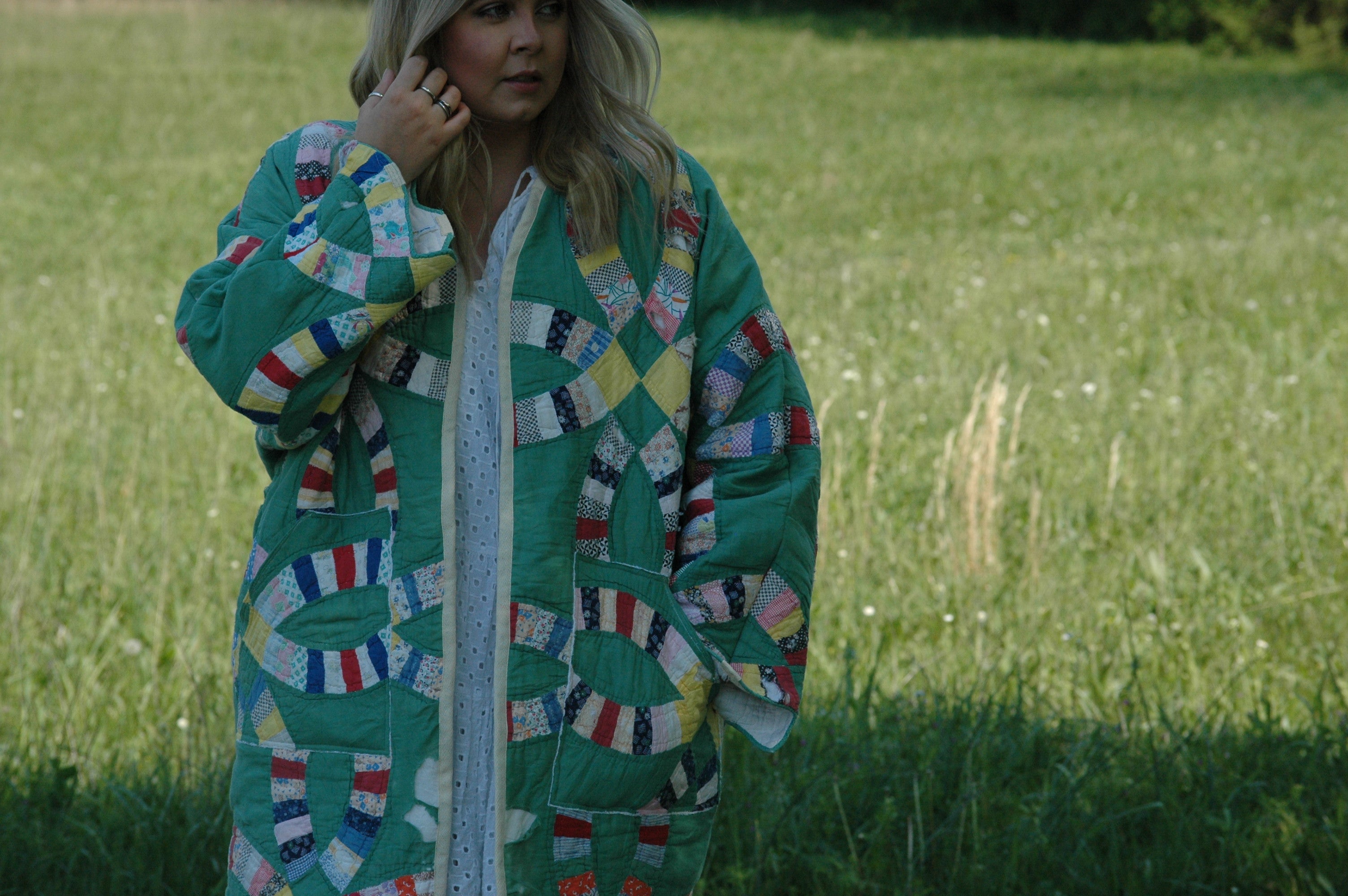 Vintage Green Wedding Ring Quilted Jacket with Pockets