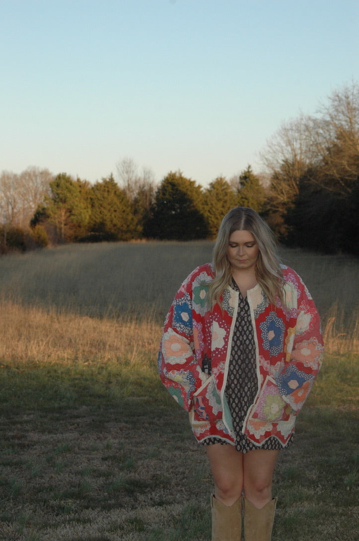 Vintage Red Grandmother's Flower Garden Quilt Jacket