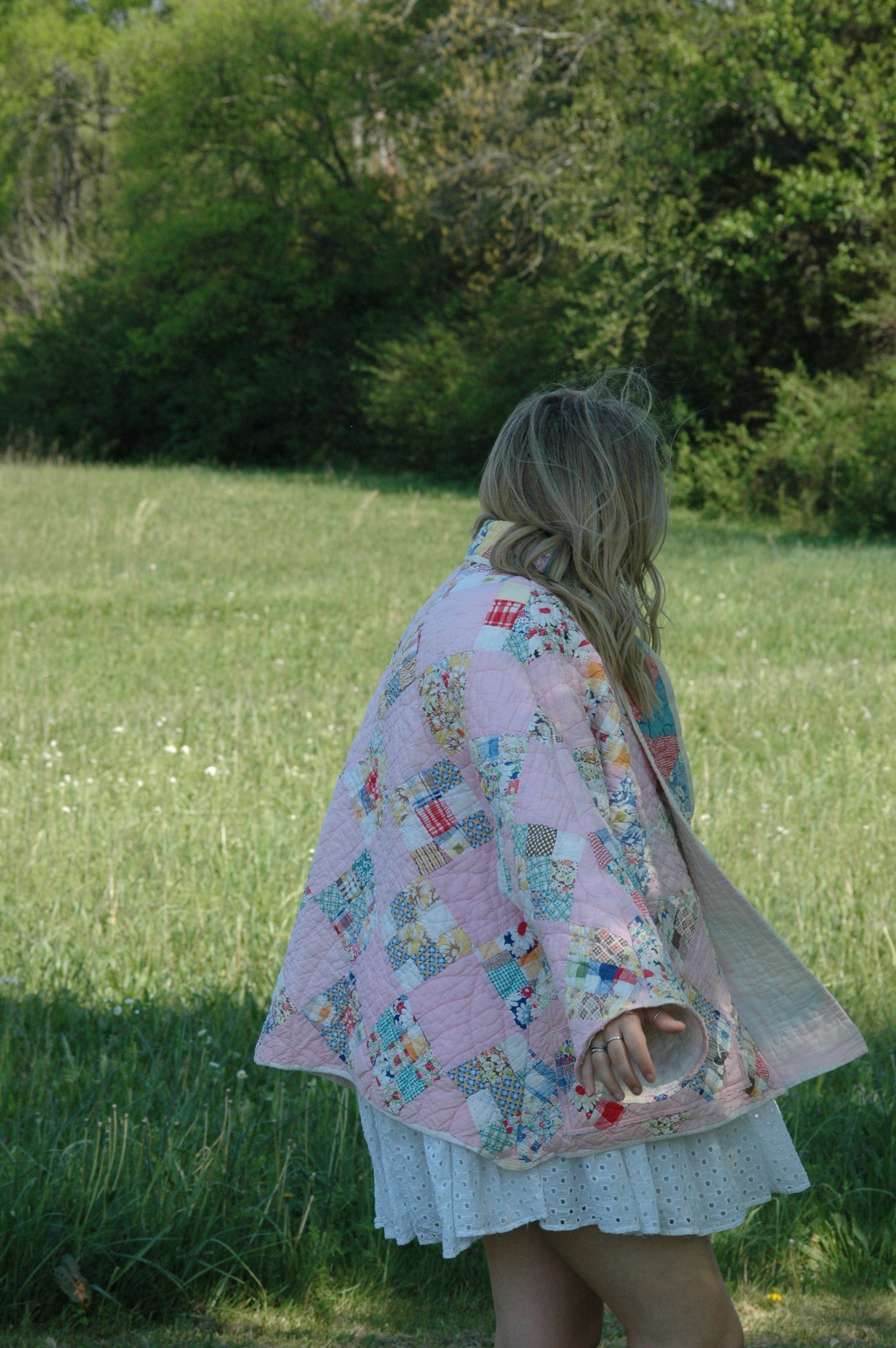 Vintage Pink Patchwork Quilted Jacket with Pockets & Collar