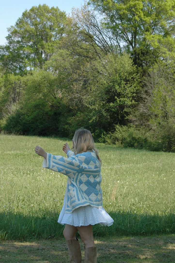 Vintage Blue and Cream Quilted Jacket with Pockets