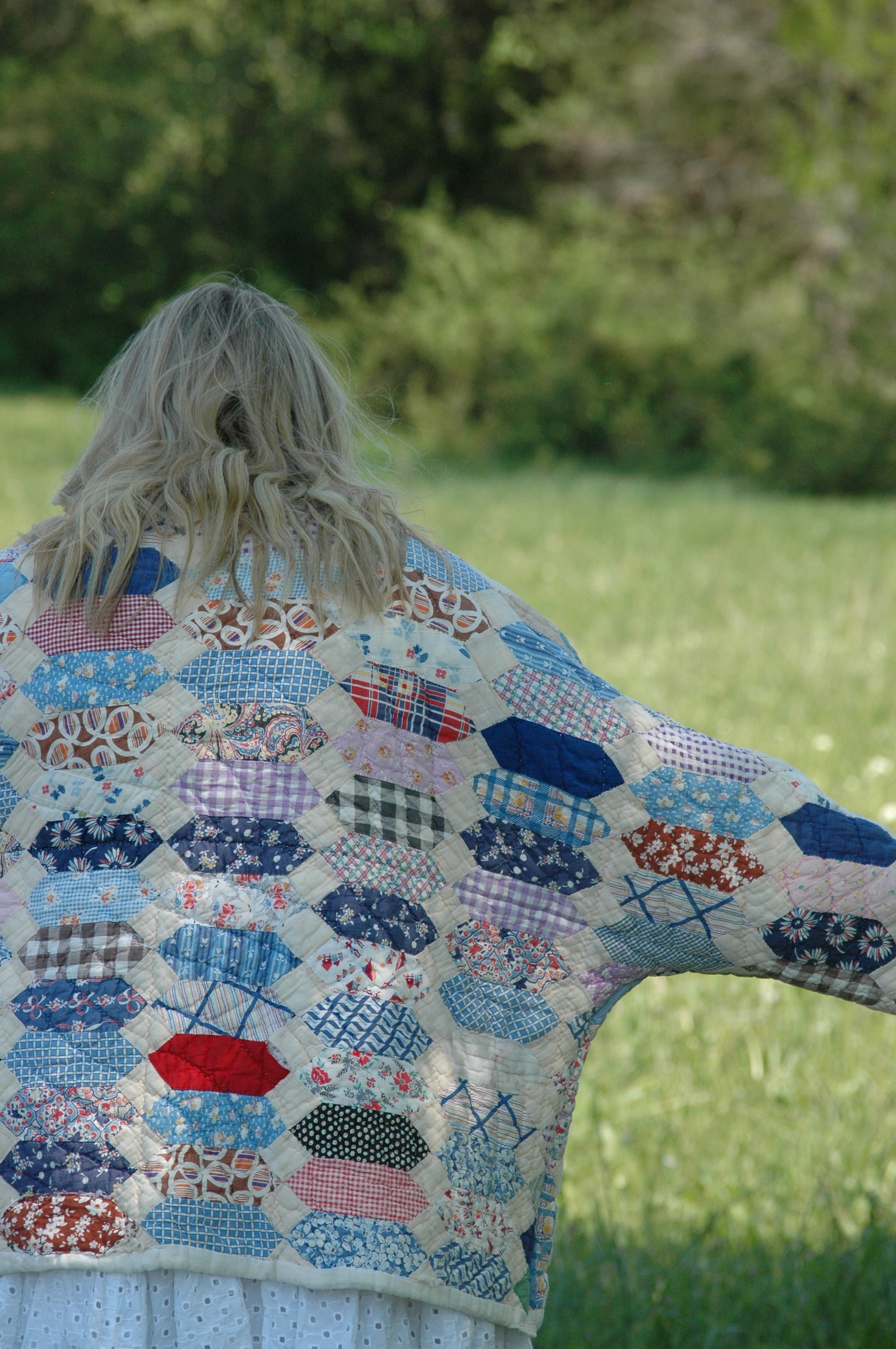 Vintage Patchwork Feed Sack Quilted Jacket with Pockets
