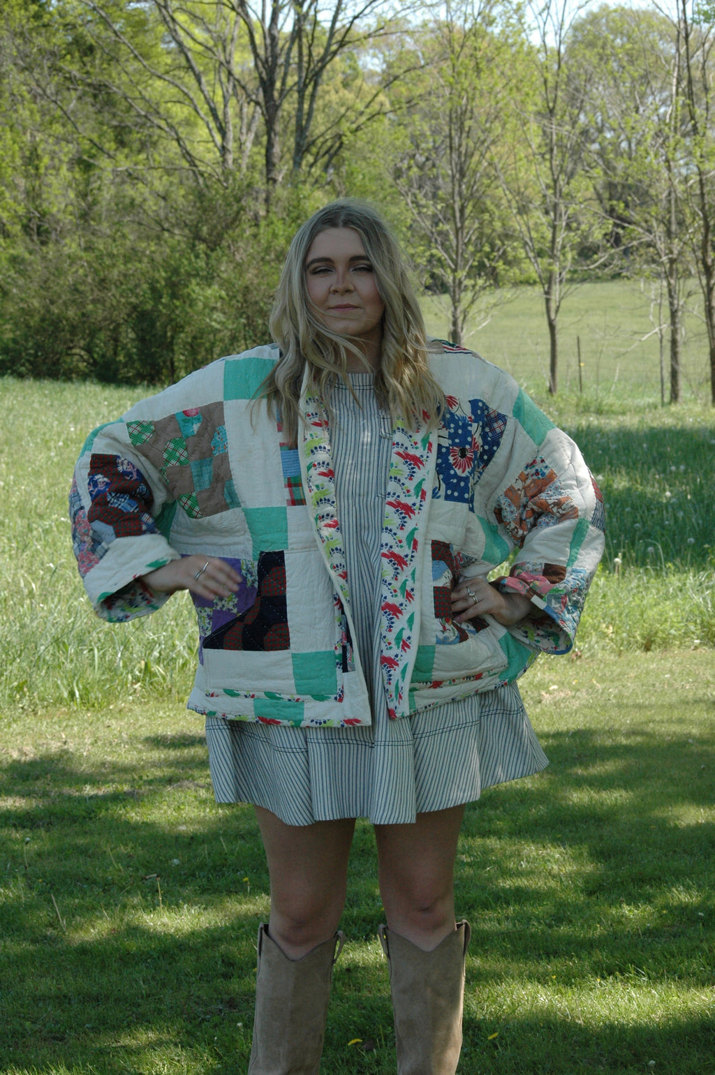 Vintage Block Bowtie Quilted Jacket with Pockets