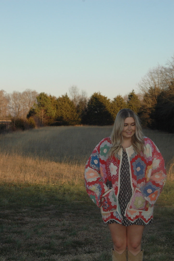 Vintage Red Grandmother's Flower Garden Quilt Jacket