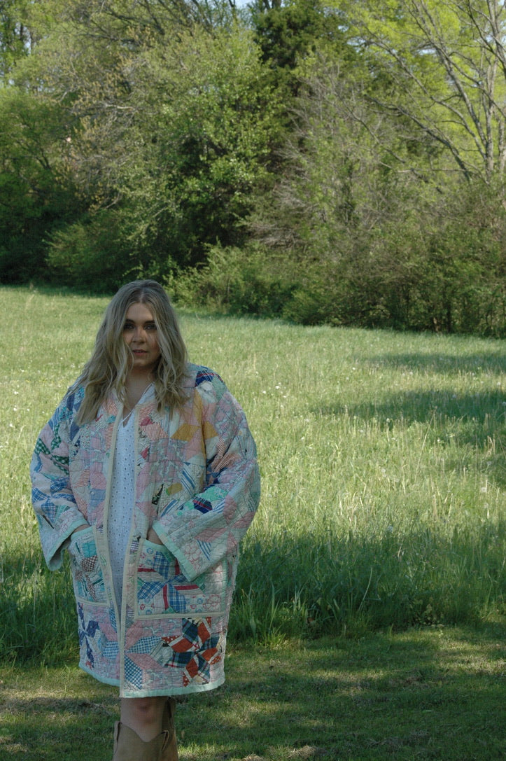 Vintage Patchwork Long Quilted Jacket with Pockets