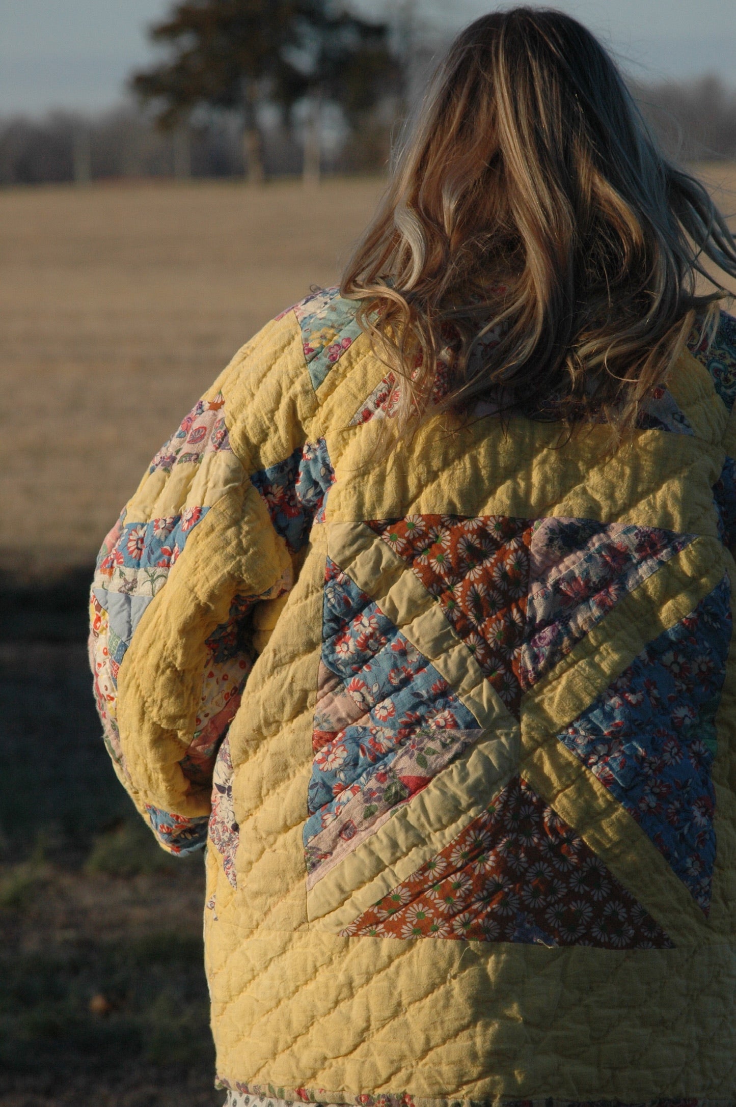 Vintage Yellow X-in-Square Quilt Jacket