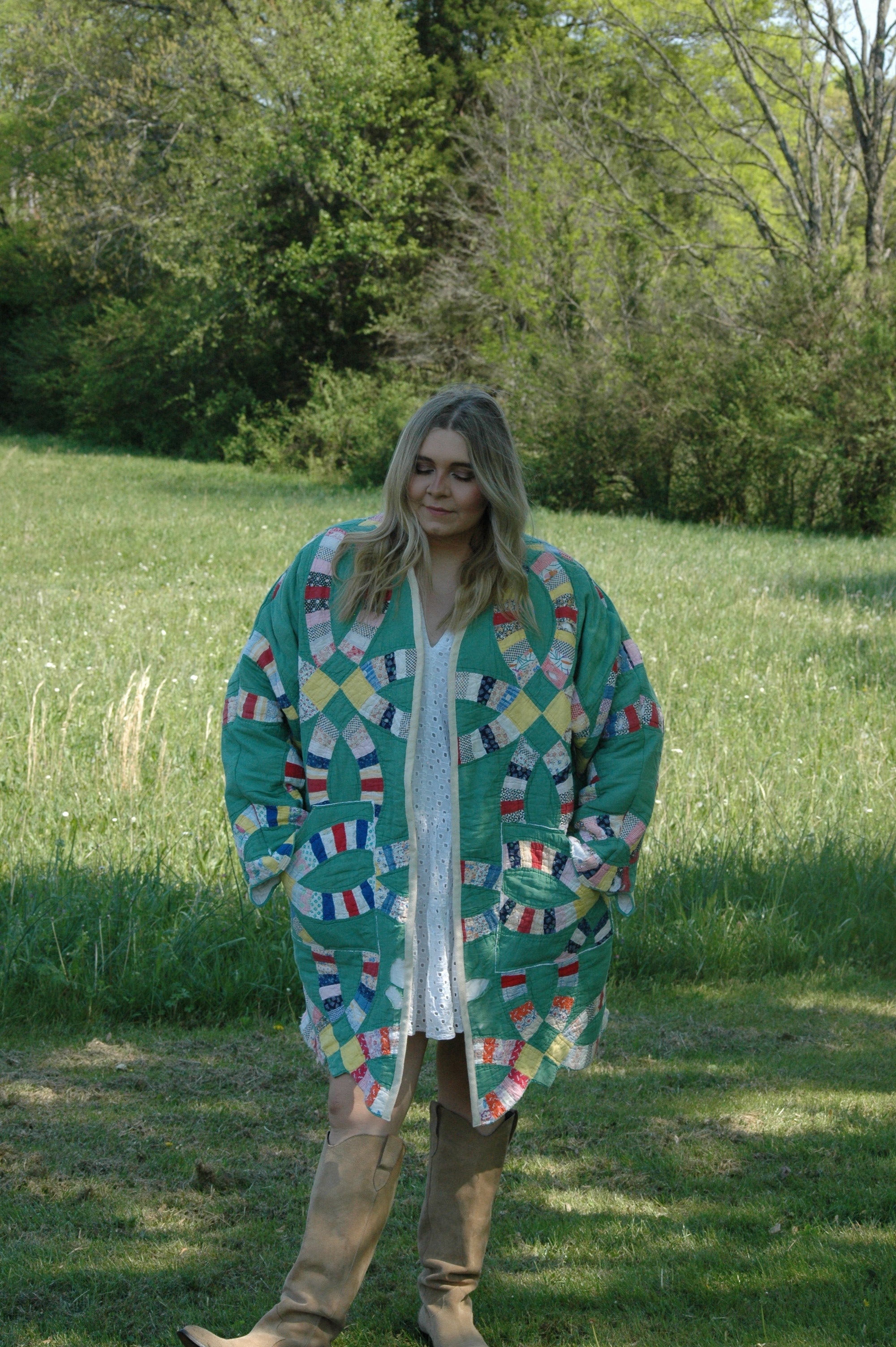 Vintage Green Wedding Ring Quilted Jacket with Pockets