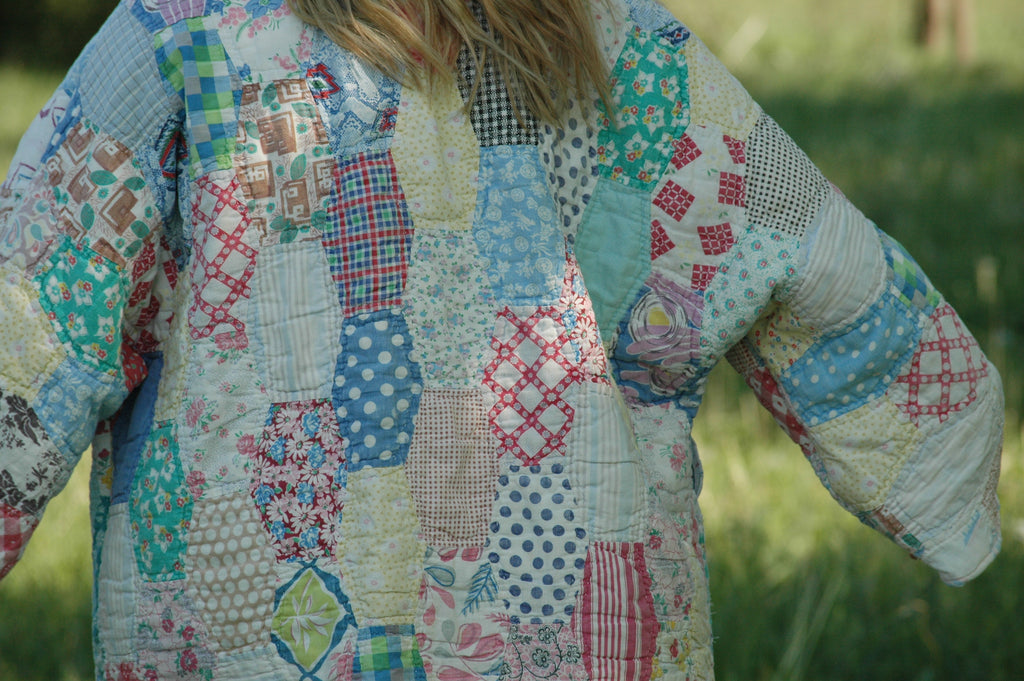 Vintage Feed Sack Multi Color Quilted Jacket with Pockets