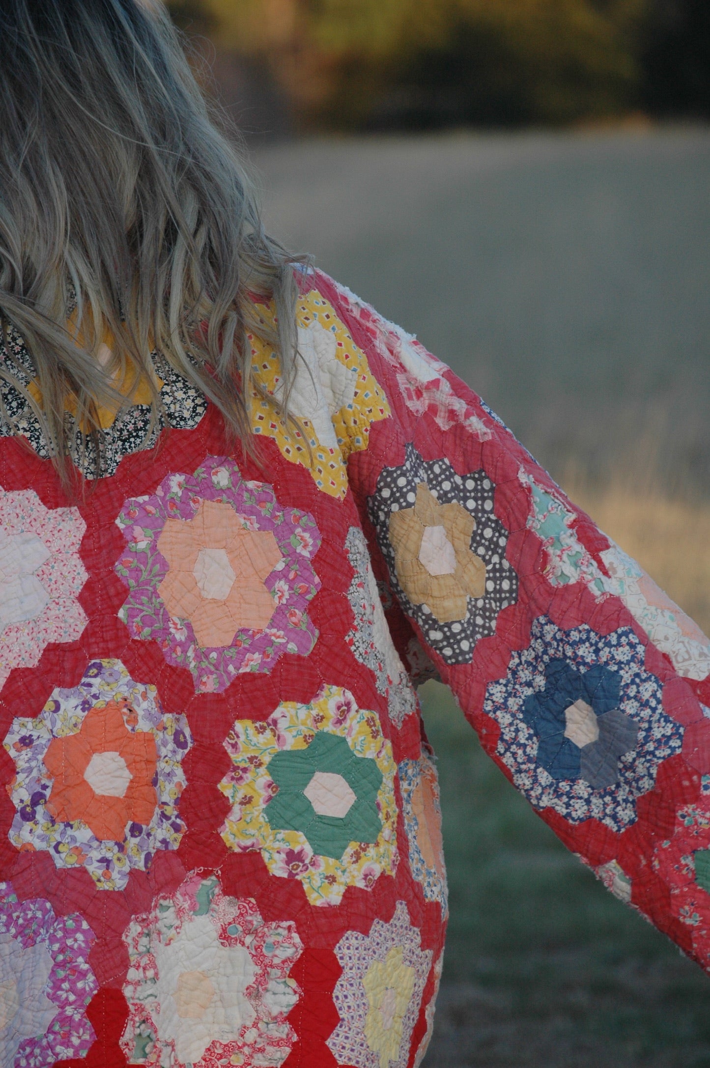 Vintage Red Grandmother's Flower Garden Quilt Jacket