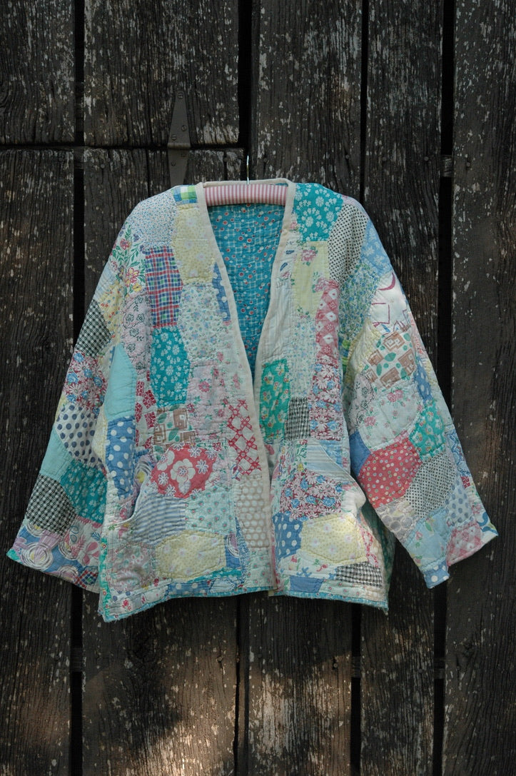 Vintage Feed Sack Multi Color Quilted Jacket with Pockets
