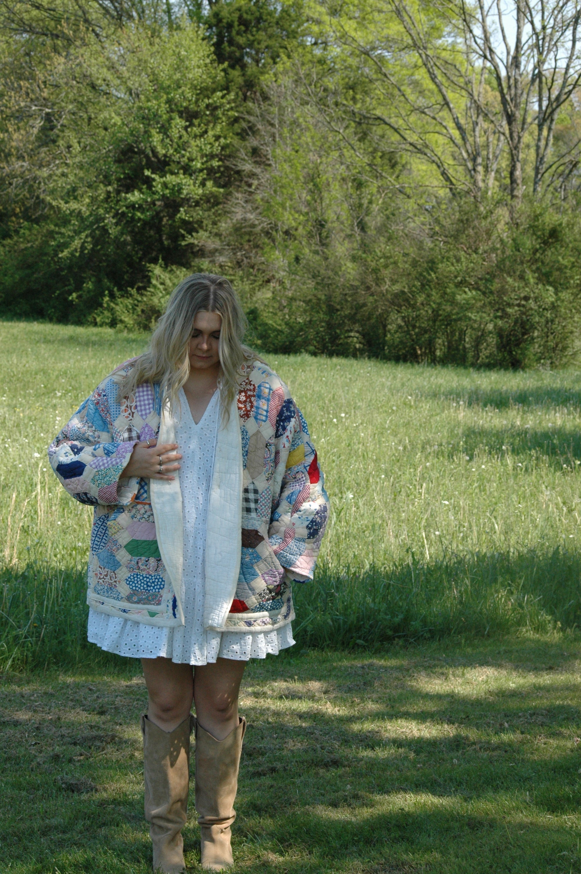Vintage Patchwork Feed Sack Quilted Jacket with Pockets