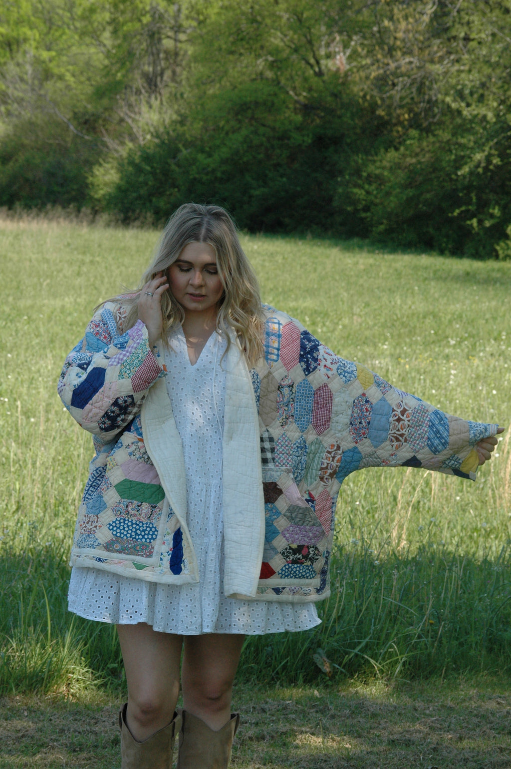 Vintage Patchwork Feed Sack Quilted Jacket with Pockets