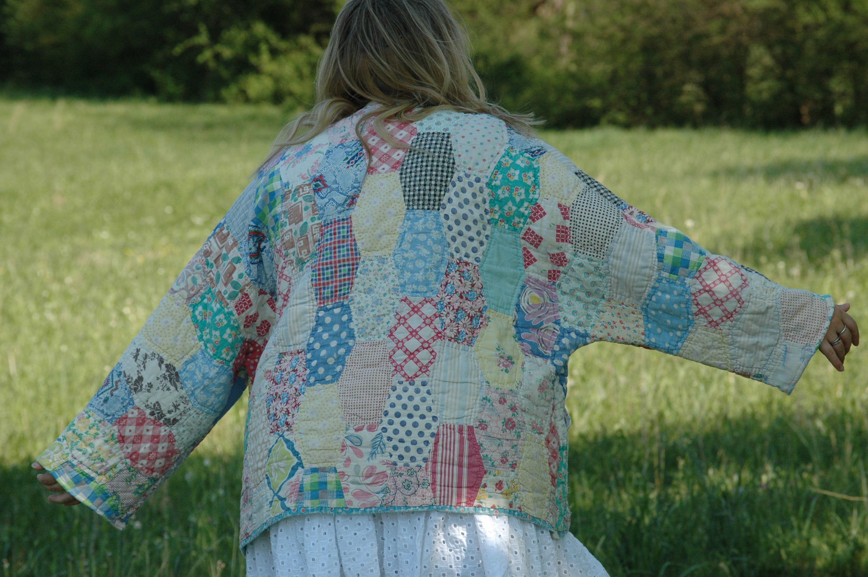 Vintage Feed Sack Multi Color Quilted Jacket with Pockets